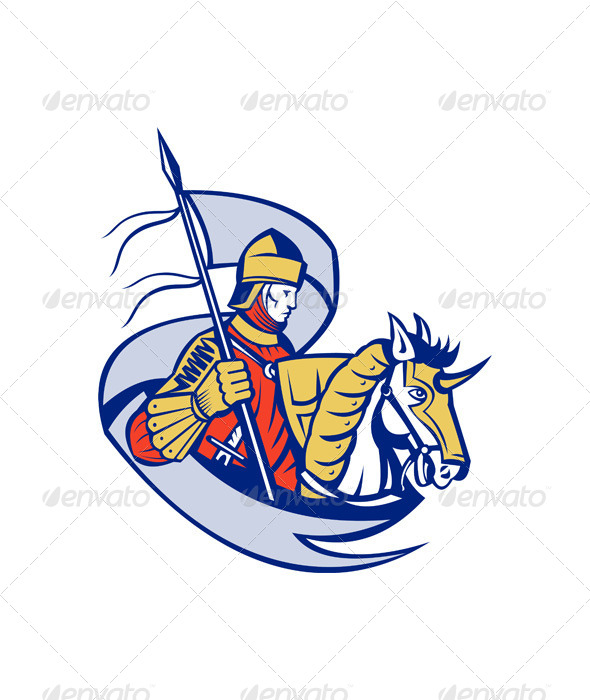 Knight with Flag Shield Horse Retro - People Characters