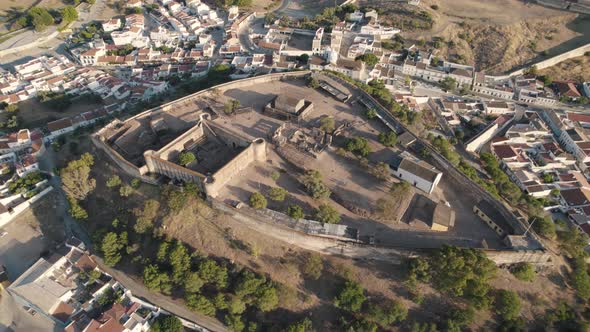 Aerial drone shot of Castro Marim Castle in the southern Algarve region in Portugal alt