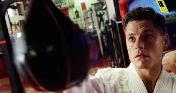 Man practicing karate with punching bag alt