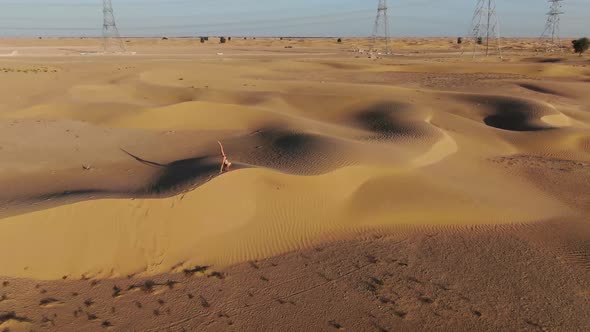 Woman is Doing Gymnastics in the Desert Standing on Top of a Sand Dune alt