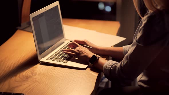 Employee Woman Overtime Work. Exhausted Businesswoman Computer PC Remote Chatting Webinar. alt