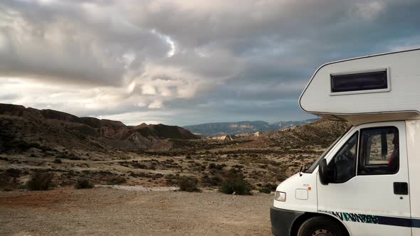 Caravan in Tabernas Desert Spain. Timelapse