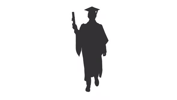 Silhouette Of Graduating Student Walking And Rejoicing His Diploma