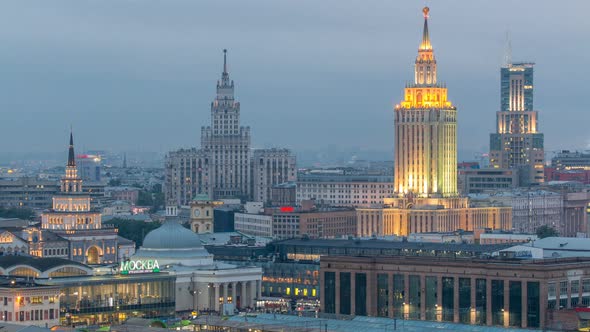 Evening Top View of Three Railway Stations Day To Night Timelapse at the Komsomolskaya Square in alt
