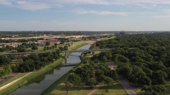 Drone footage of downtown Fort Worth Texas and Trinity River by 7th Street Bridge alt