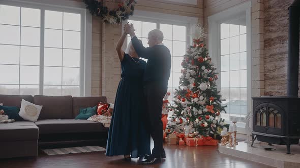 Grandparents Dancing Together at the Christmas Party Near the Fireplace and Tree alt