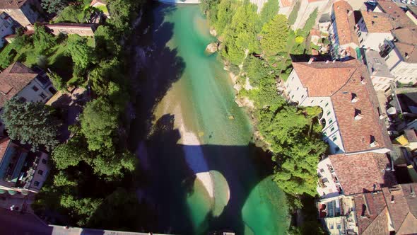 Aerial View Italy City, River, Sunny Weather and Blue Sky