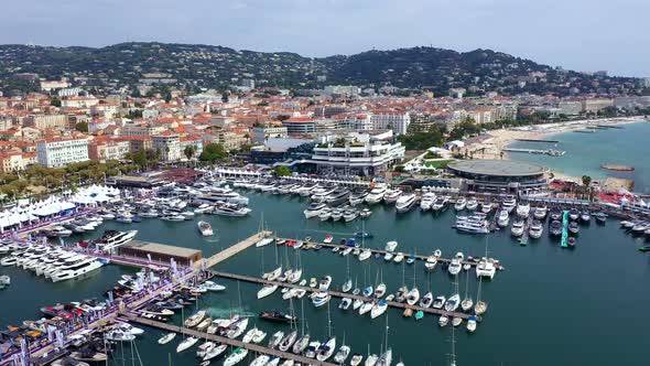 France, Cannes. Aerial view of the beautiful port with yachts