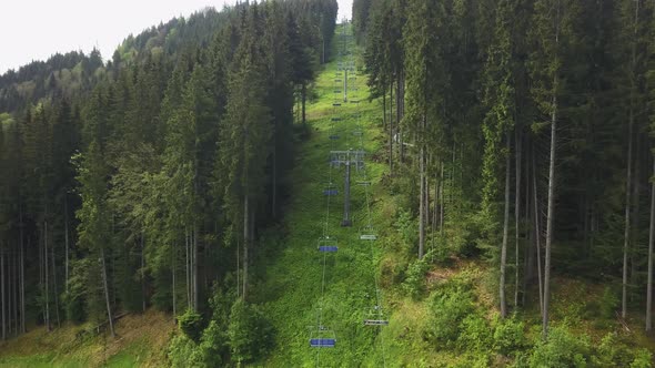 Empty ski lift in the Carpates, Ukraine. Nobody, without people ski lift. Summer