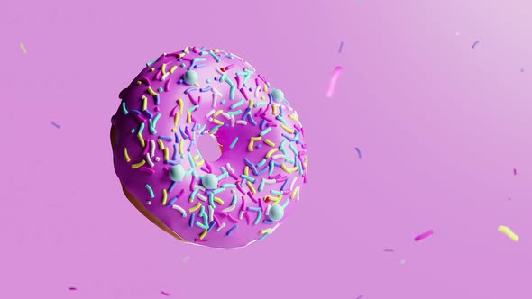 fresh donut rotating close-up above a pink bright background