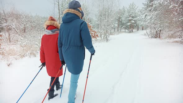 Hiker Practicing Nordic Walking In Forest. Sticks Walking On Winter Forest. Hiker Hiking Sport. alt