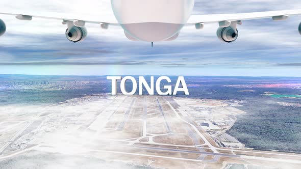 Commercial Airplane Over Clouds Arriving Country Tonga