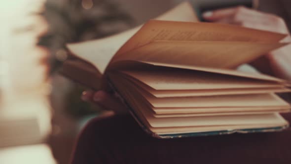 Woman Reads Book at Home. Hand Turning Pages of a Book