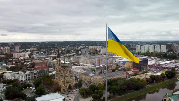 Flag of Ukraine, Cathedral Kharkiv city aerial