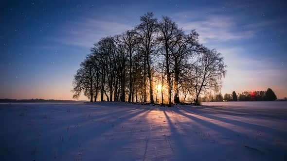 Winter night timelapse of moon shadows moving across the snowy meadow