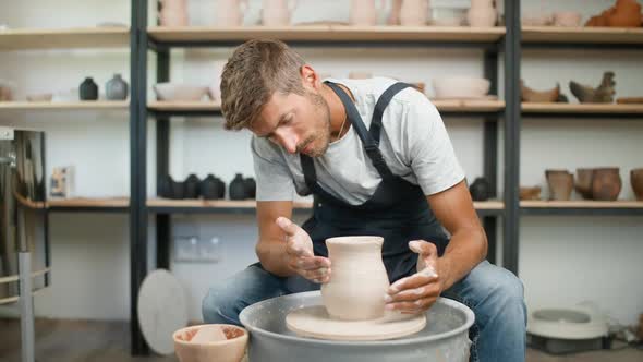 Pottery Workshop the Man Potter Makes a Pitcher Out of Clay Handicraft Production of Handmade alt