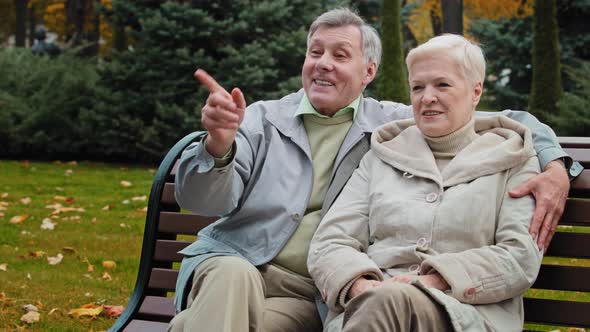 Elderly Happy Family Couple Caucasian Woman Man Sit on Bench Together in Autumn Park Married Senior alt