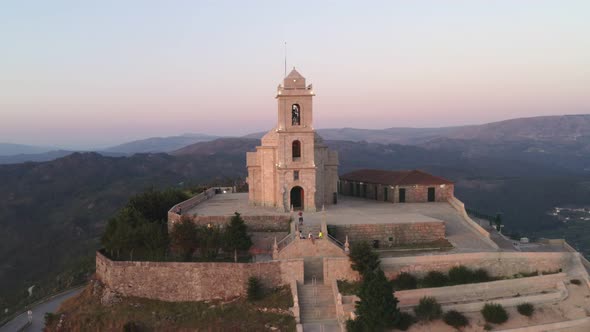 Senhora da Graca church drone aerial view in Mondim de Basto landscape at sunset, in Portugal alt