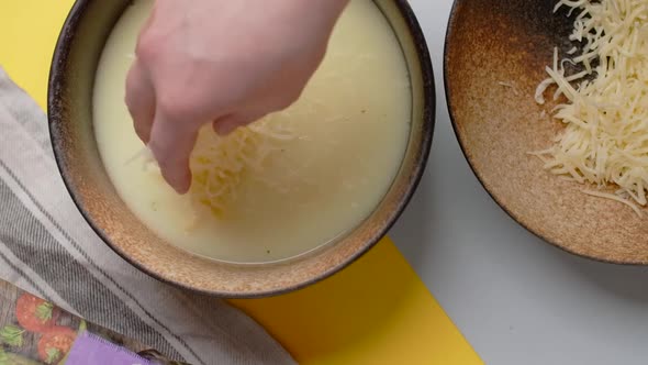 Vertical Flat Lay Food Video the Cook Ads Crated Cheese the Soup with Noodles