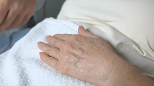 Attentive Male Doctor Taking Aged Lady Patients Hand, Comforting After Surgery