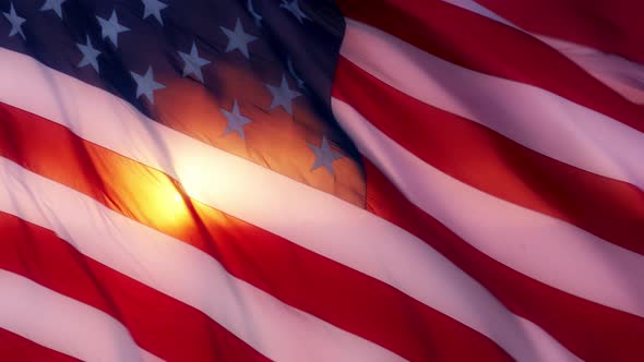 Close Up American Flag Waving on Golden Sunset in Slow Motion 4Th of July Shot alt