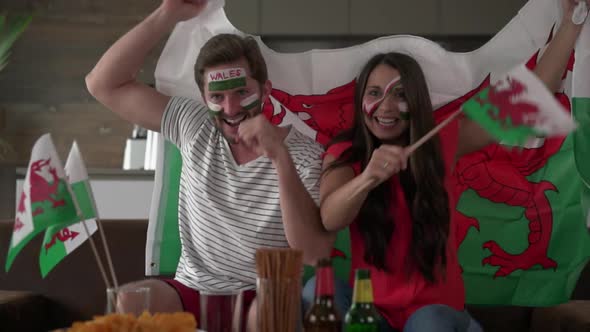 Cheering Overjoyed Welsh Fan Couple Holding Flag of Wales
