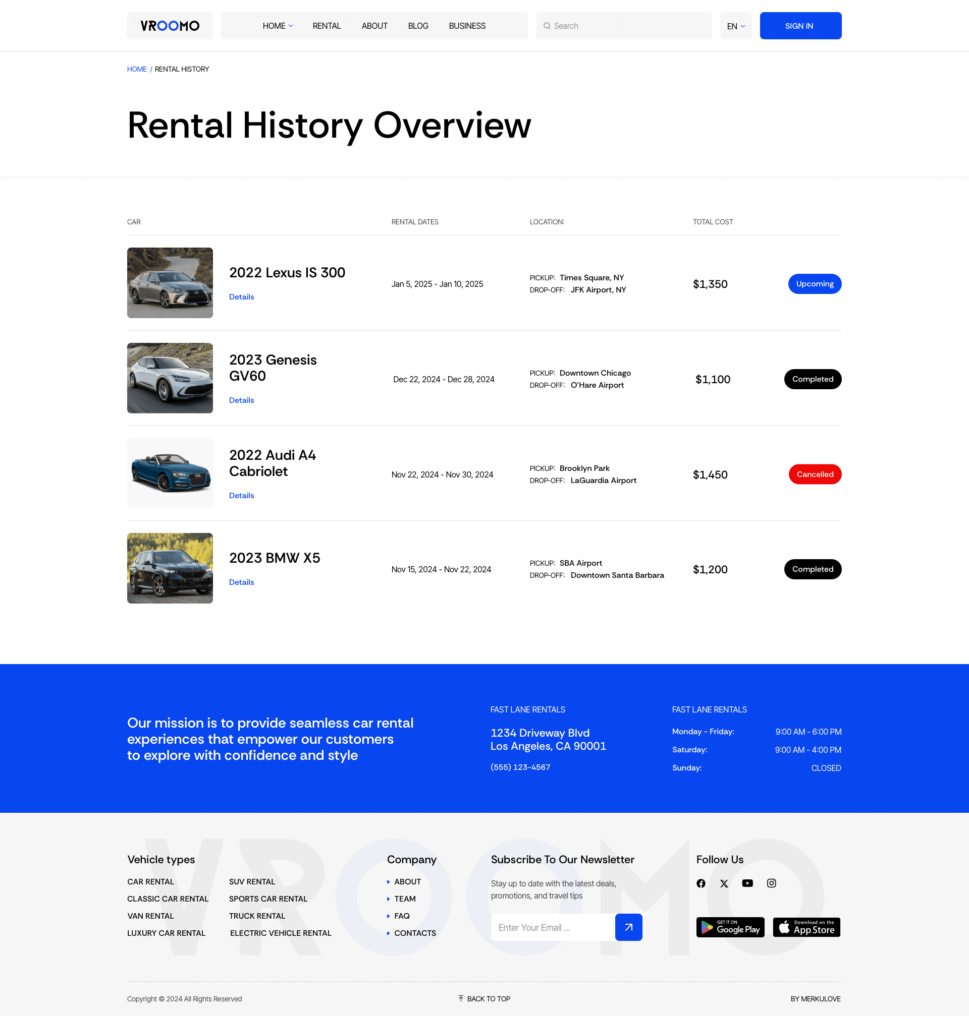 Car Rental History Example Vroomo – Car Rental Template for Figma by merkulove | ThemeForest