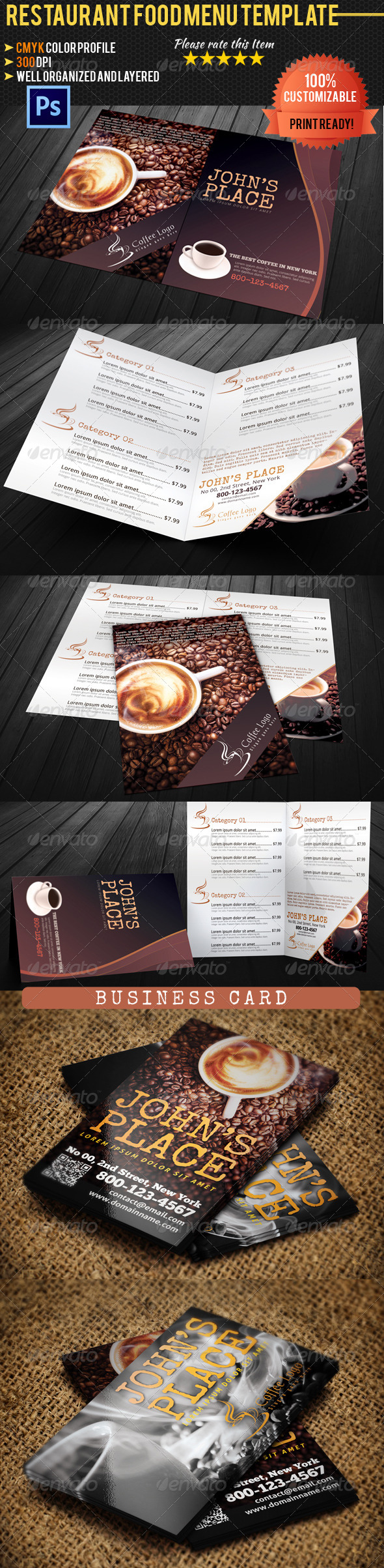 Coffee Menu & Business Card - Food Menus Print Templates