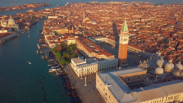Aerial Orbit Over San Marco Square at Sunrise in Venice Italy alt