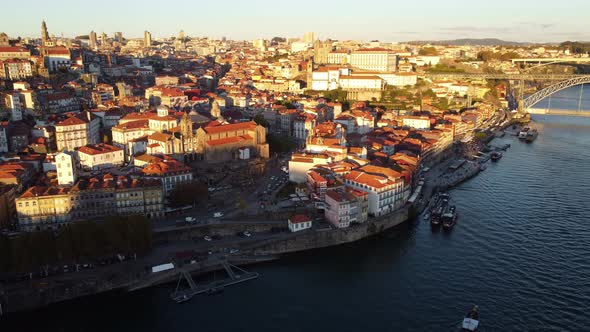 A Drone View of the Waterfront Areas of Porto Near the Douro River in Portugal