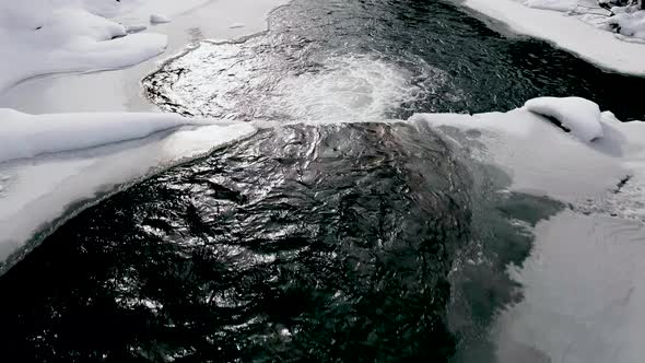 Aerial  View Drone Moving Above the Frozen River in Mountains