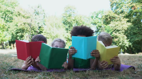 Children Reading Books, Lying Mat in Park, Book Lovers Club, Education Concept