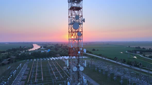 Aerial view of a telecommunications cell tower alt