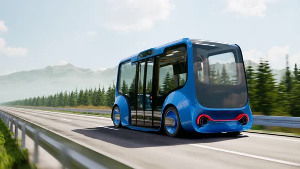 An autonomous smart bus coming up the road. Electric car going to charge station alt