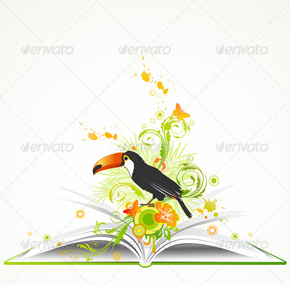 Open Book with Flowers and Tropical Bird - Animals Characters