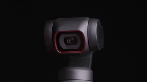 Mechanical Gimbal Camera Lens Rotates on Black Background Robotic Camera Macro alt