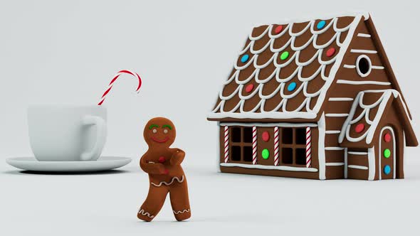 Gingerbread Man Dancing Near a Gingerbread House and a