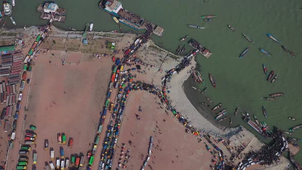 Aerial view of people waiting for ferry, Dhaka, Bangladesh,. alt