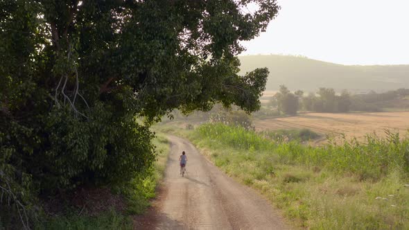 Girl Riding a Bicycle on a Rural Road Near a Big Tree and View of the Fields  alt