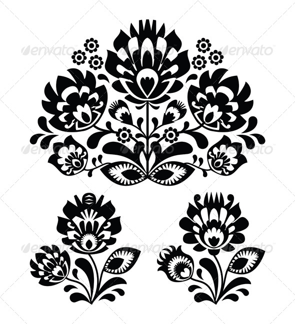 Folk Embroidery with Flowers - Traditional Polish - Flourishes / Swirls Decorative