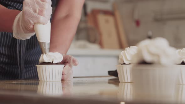 Decorating Handmade Chocolate Cupcake with Vanilla Cream alt