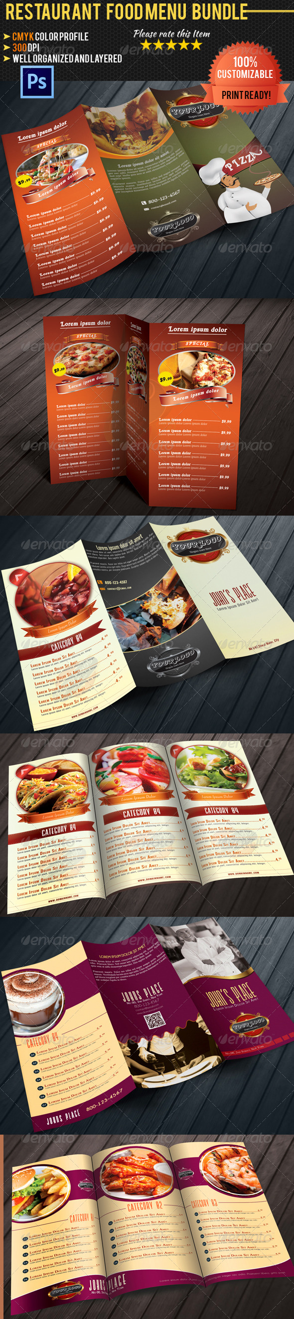 Tri-fold Restaurant Food Menu Template Bundle - Food Menus Print Templates