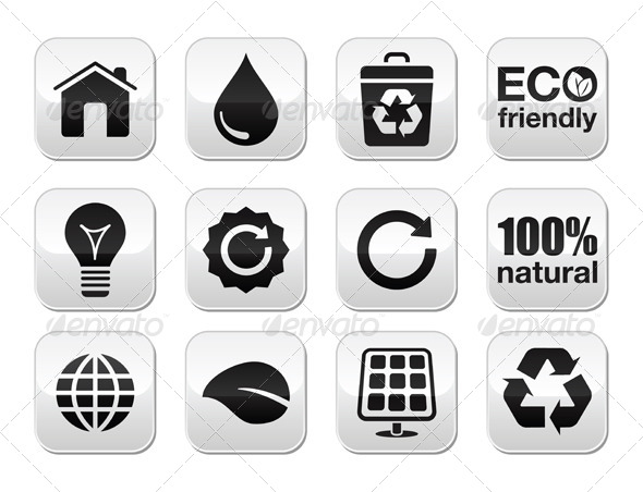 Green Ecology Vector Buttons Set - Flowers & Plants Nature