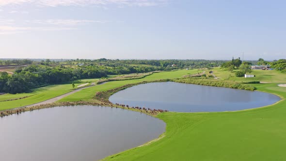 Ponds at Vistas Golf and Country Club of Santo Domingo, Dominican Republic. Aerial pov alt