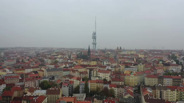 Aerial View of Citycape of Old Town of Prague, with a Lot of Rooftops, Churches, and the Landmark of