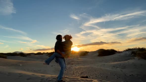 Relationship people man and woman hugging in love. Happy romantic adult couple in love enjoy sunset alt