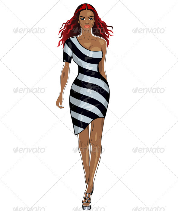 Vector beautiful black girl in a striped dress