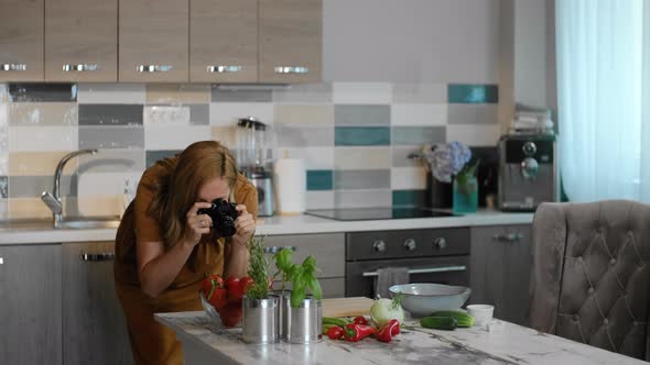 Woman Food Photographer Take Picture of Food Vegetables Salad Ingredients for Recipe Rbbro alt