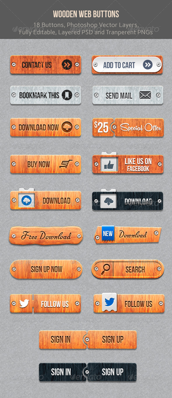 Wooden Web Buttons - Buttons Web Elements