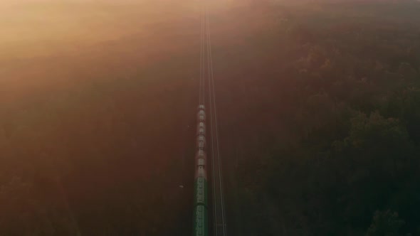 Freight train moving through the foggy forest at sunrise. Aerial view.